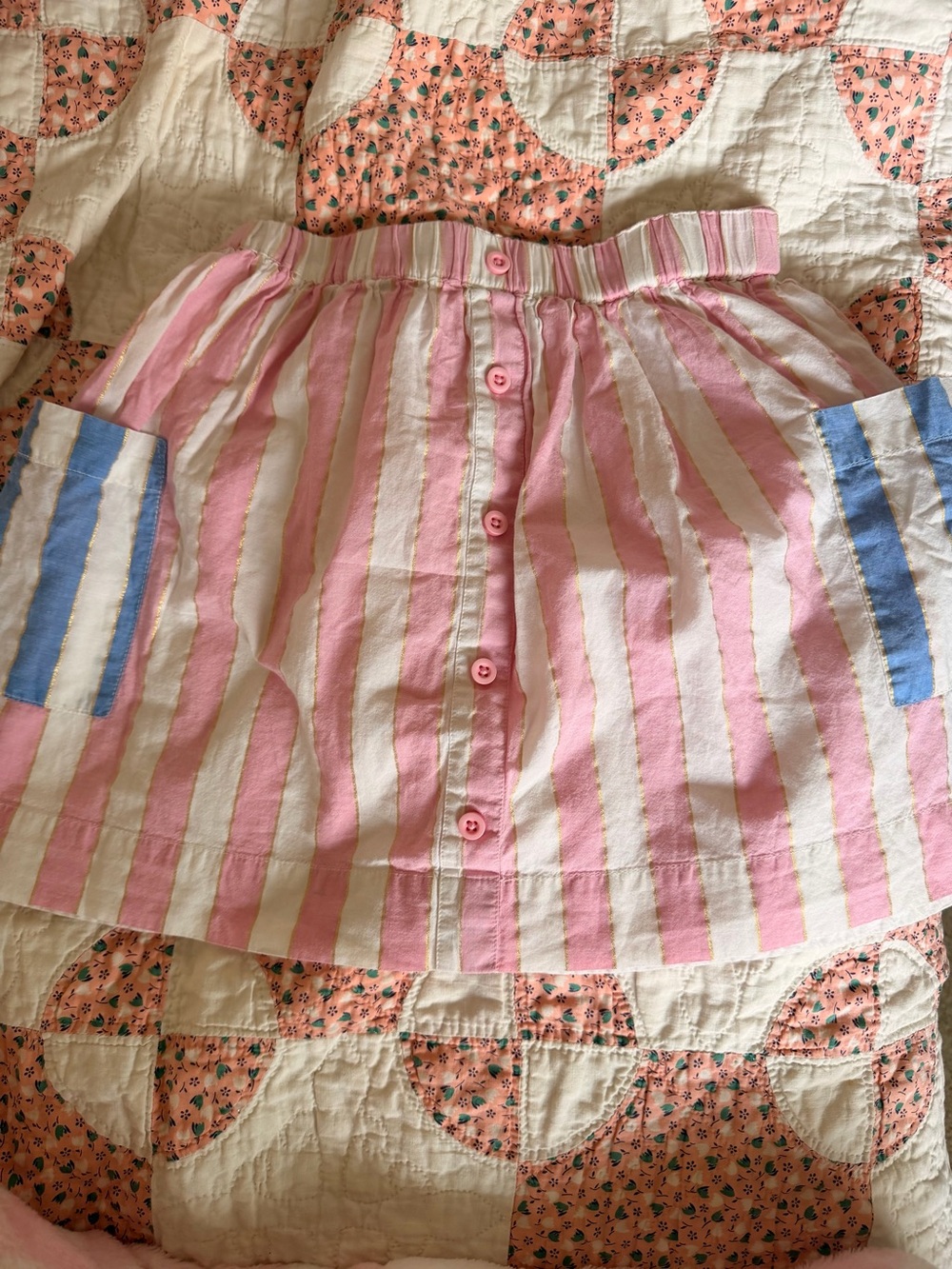 Mini Boden Pink and White Striped Skirt with Blue Pocket Stripes